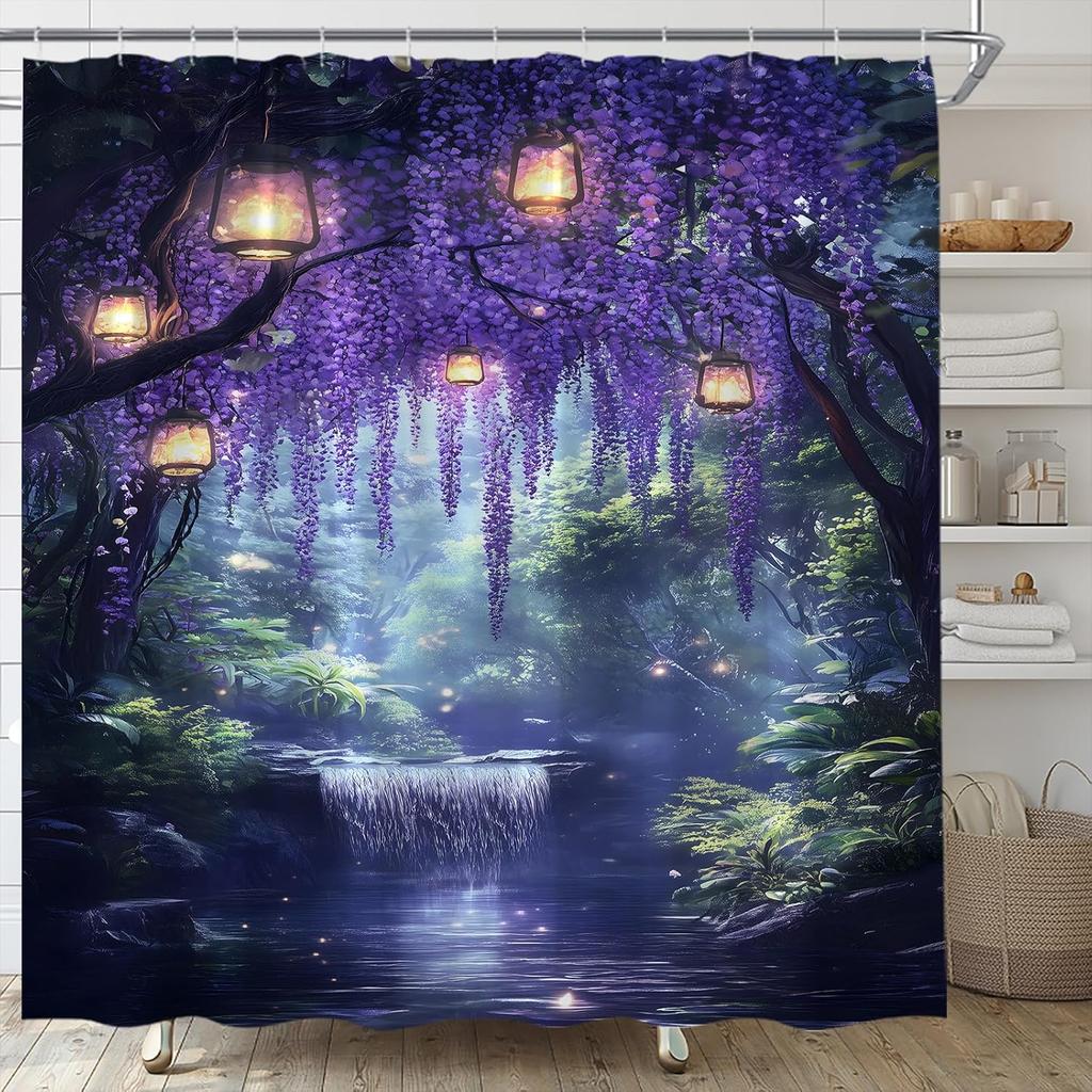Enchanted Forest Shower Curtain Purple Wisteria Fantasy Garden Waterfall Fairy Tale Nature Scenery Fabric Bathroom Decor Set with Hooks(70" Wx70 H)