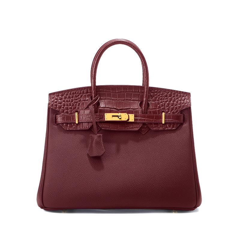 Sac à Bandoulière en Cuir de Vachette Motif Crocodile, Grand Sac à Main Rétro Style Kelly pour Femmes