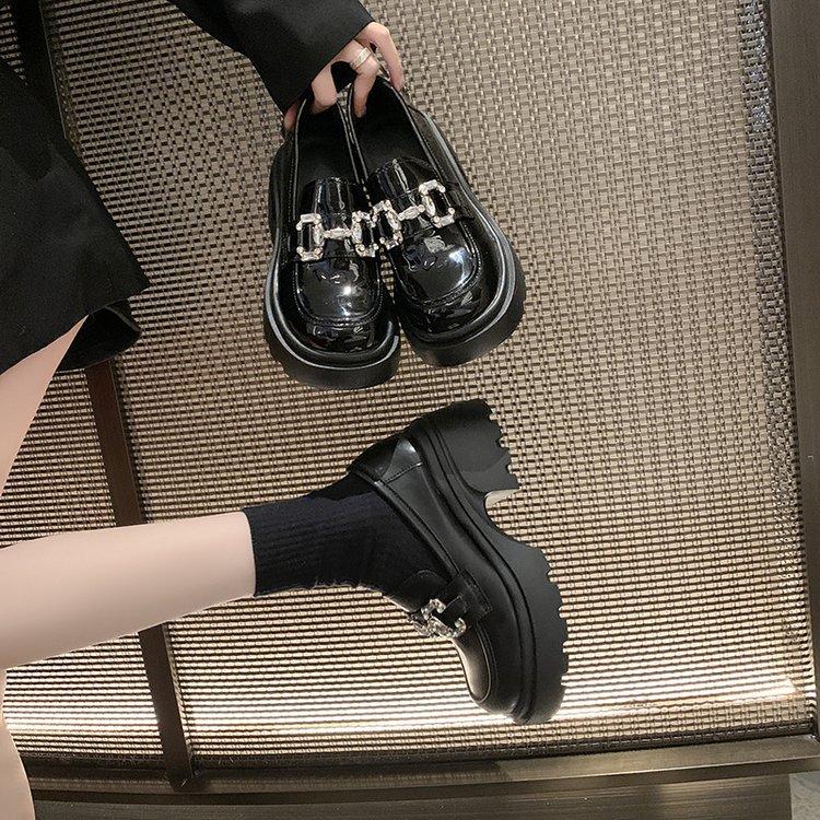 Thick-soled Small Leather Shoes Women's British Style Autumn 2024 New Round-headed Single Shoes Metal Buckle Belt Soft-soled Loafers