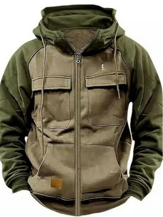 Herren Kapuzen-Sweatshirt mit mehreren Taschen: Europäischer & Amerikanischer Stil, Patchwork-Design, Frühjahrs- & Herbstbekleidung.