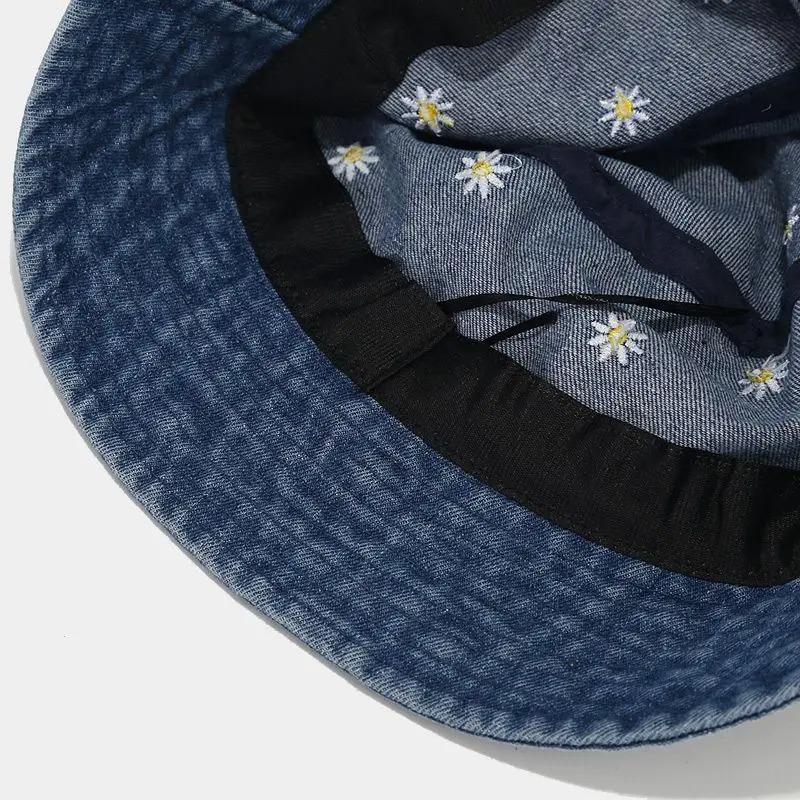 Daisy Embroidered Denim Fisherman Hats Spring and Summer Versatile Basin Hat Outdoor Travel Sun Caps Women Hat
