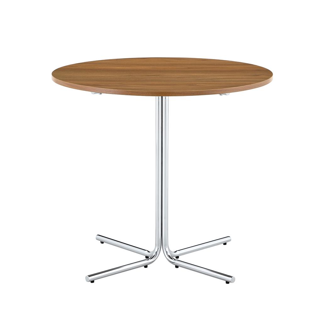 Round modern side table, walnut MDF tabletop, chrome-plated 3-leg metal frame, for living room, dining room, balcony and office, minimalist design