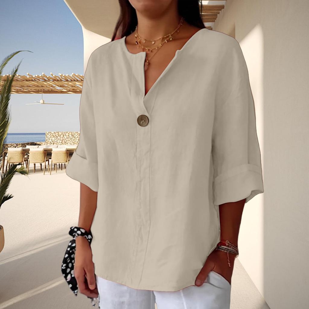 Women's Fashion Casual V-Neck Buttoned Seven-Point Sleeve Cotton Linen Top