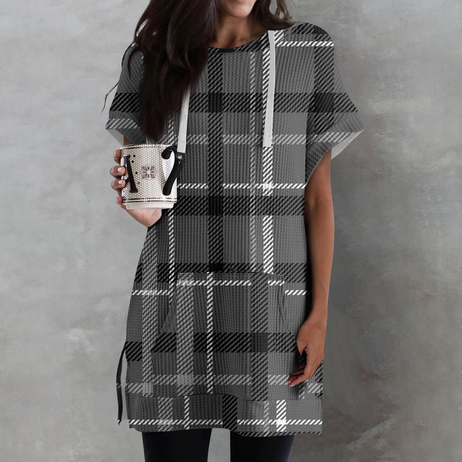 Женские свободные рубашки с принтом, толстовки с короткими рукавами и шнурком, вязаная туника с боковыми разрезами, топы с капюшоном и карманом XXXL серый