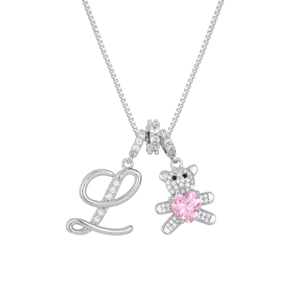 Luxurious Teddy Bear Pendant Necklace with Diamond Inlaid 26 English Letters Charm - European and American Fashion Style
