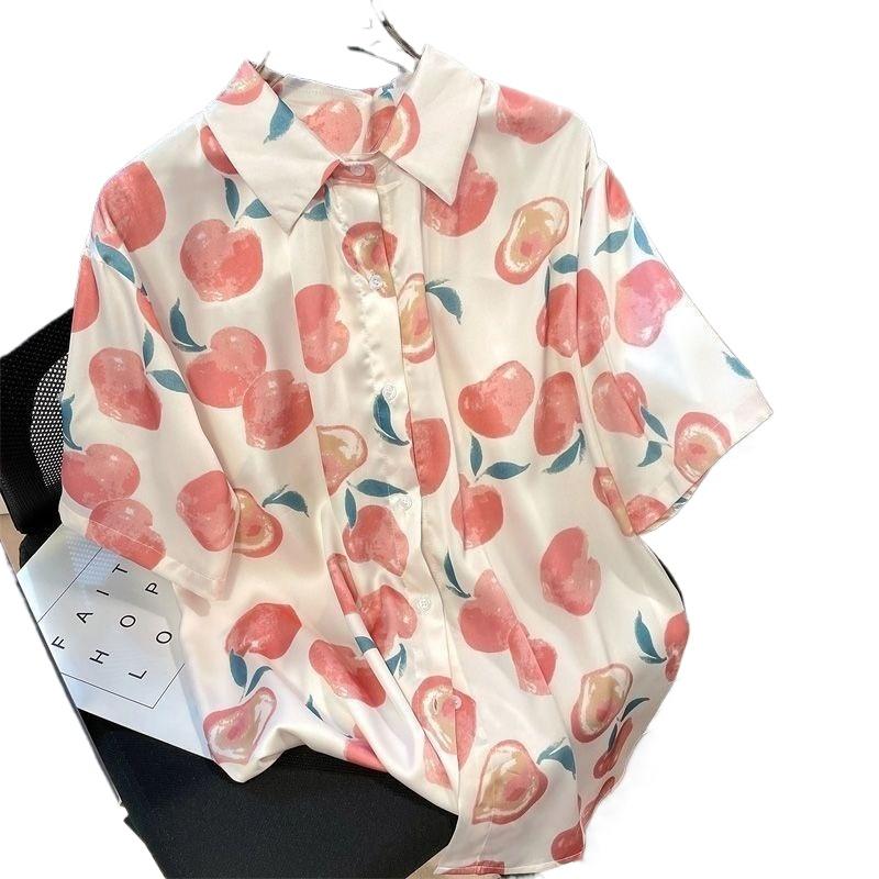 Women's Peach Print Short Sleeve Shirt Thin Casual Versatile Lapel Shirts 2025 Summer Japanese Retro Single Breasted Top