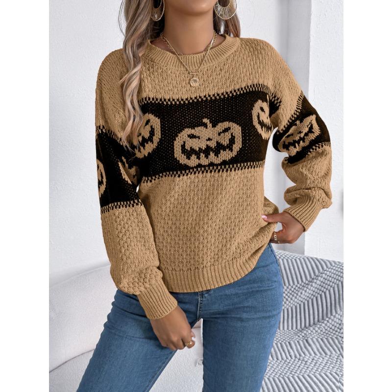 Autumn and Winter Women's Halloween Theme Pumpkin Head Clashing Colours Knitted Long Sleeve Pullover Sweater