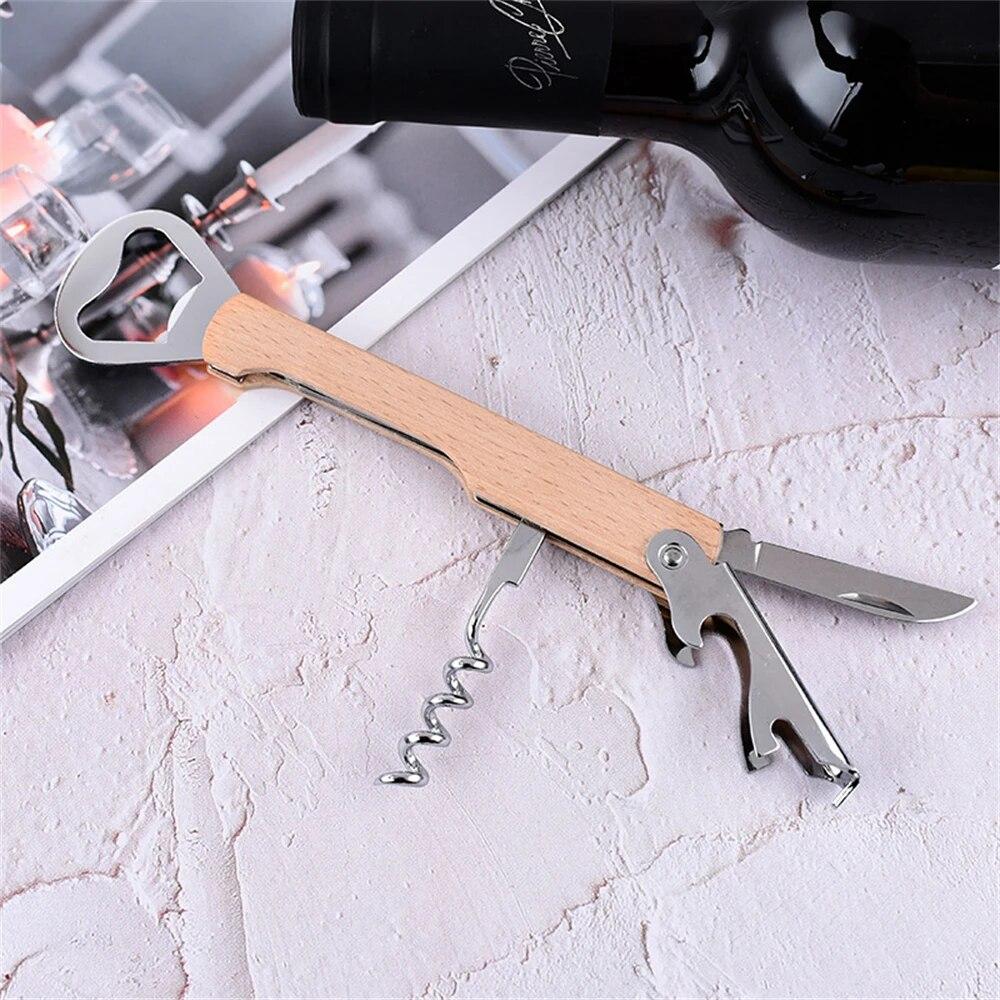 Wood Handle Wine Bottle Corkscrew with Beer Cap Openers for Waiters Bartenders