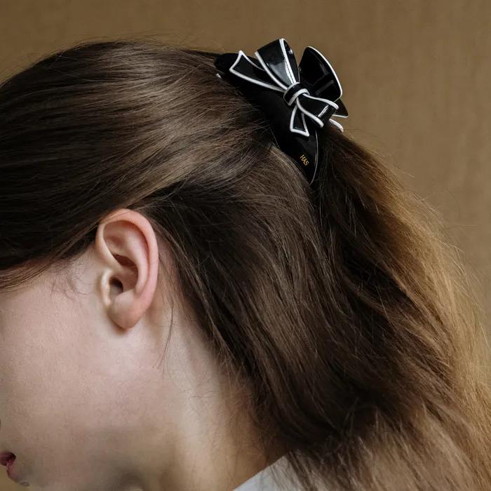 EN011 Double Color Edge Ribbon Hair Clip (Ivory, Black)