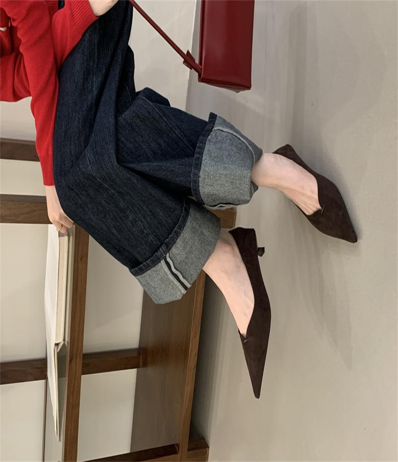 Pointed Head Shallow Mouth Cat Heel Single Shoes Female 2025 Spring and Autumn Style Temperament Suede French Gentle Evening Breeze Fairy High Heels
