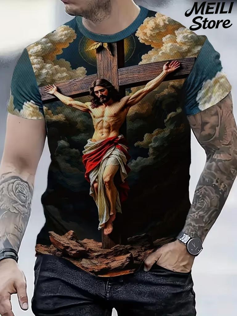 T-shirt da uomo con stampa 3D di Gesù a maniche corte, casual, girocollo, design con mani in preghiera, maglietta da uomo, nuova, top oversize