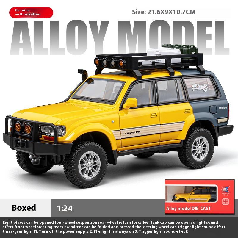 Model ze slitiny Toyota FJ Cruiser Camper v měřítku 1/24, chladný zvuk a světlo, otevíratelný na mnoha místech karoserie, čtyřkolový tlumič