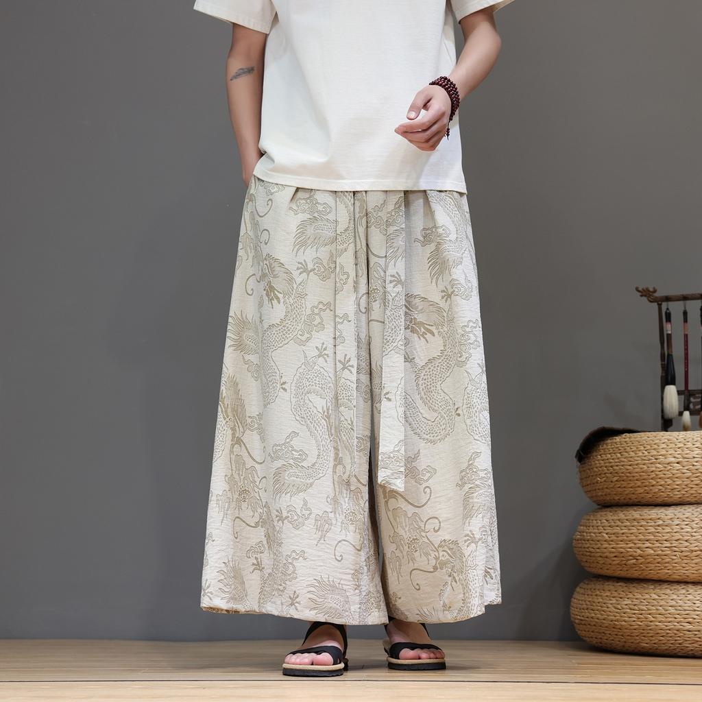 Mens Chinese Style Dragon Pattern High Waist Wide Leg Large Size Casual Long Pants