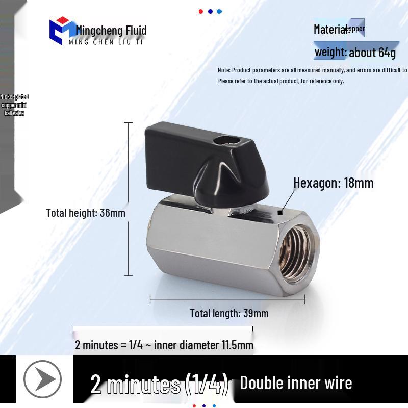 Compact Ball Valve with Double Male/Female Thread, Sizes 1/4", 3/8", 1/2", Pneumatic Polished Electroplated Switch Valve Accessory.