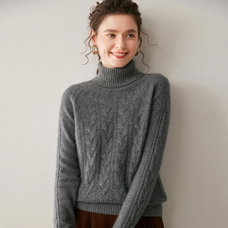 Women's High-Neck Cable Knit Cashmere Sweater: Pullover, Loose Fit, Raglan Long Sleeves - Perfect Base Layer for Autumn and Winter.