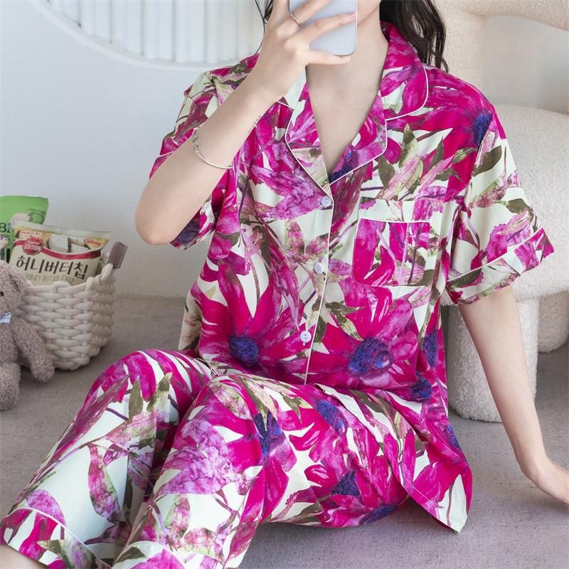 Cotton and silk pajamas women's spring and summer short-sleeved large-size suit spring and autumn thin cartoon printed loungewear