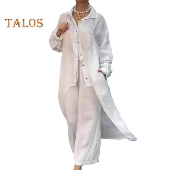 

Комплект из 2 предметов: рубашка и брюки, осень-весна, длинные рукава, отвороты, кружевные манжеты, застежка на пуговицы, неровный подол, блузка с эластичной резинкой на талии, брюки для поездок на работу и занятий спортом M белый