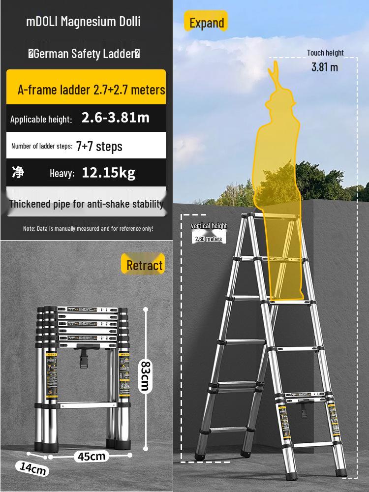 Magdolli Stainless Steel Telescopic A-frame Ladder, Multifunctional Foldable Indoor Aluminum Alloy Stair Ladder