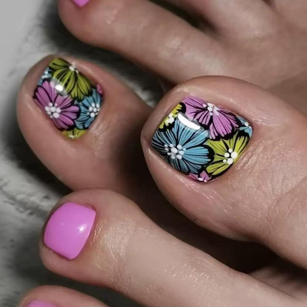 24Pcs Short Square False Toenails With Colorful Flower Design Detachable Full Cover Press On Nail Tips For Women