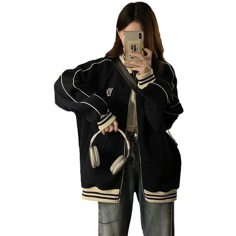 Women's Spring/Autumn Baseball-Style Stand-up Collar Jacket - Casual, Loose College Style Cardigan for Couples.