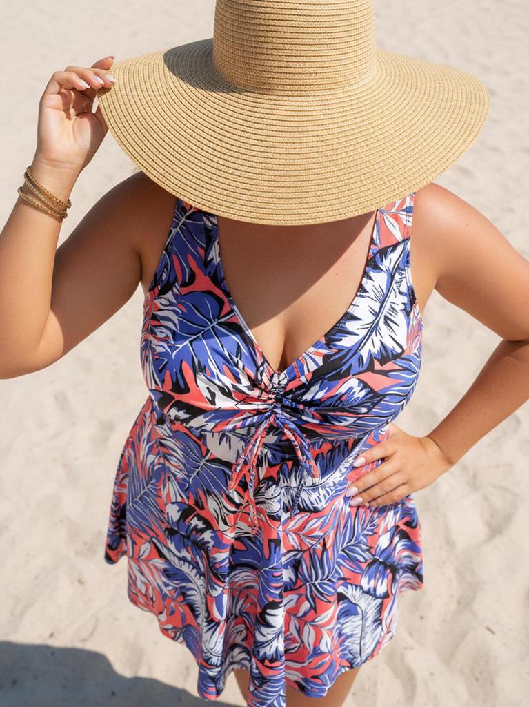 Europäischer & Amerikanischer Plus Size Tankini: Damen blauer roter Badehosenrock & bedruckte Badehose