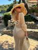 Sexy U-neck Bell Sleeve Knit Maxi Dress Summer 2024 Women Swimwear Feminine Bikinis Cover-ups Holiday Crochet Beach Outfit K21