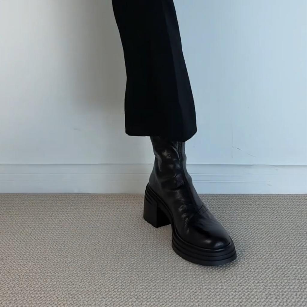 French skinny boots thick heel short boots women's winter new black small British thick-soled high-heeled Martin boots
