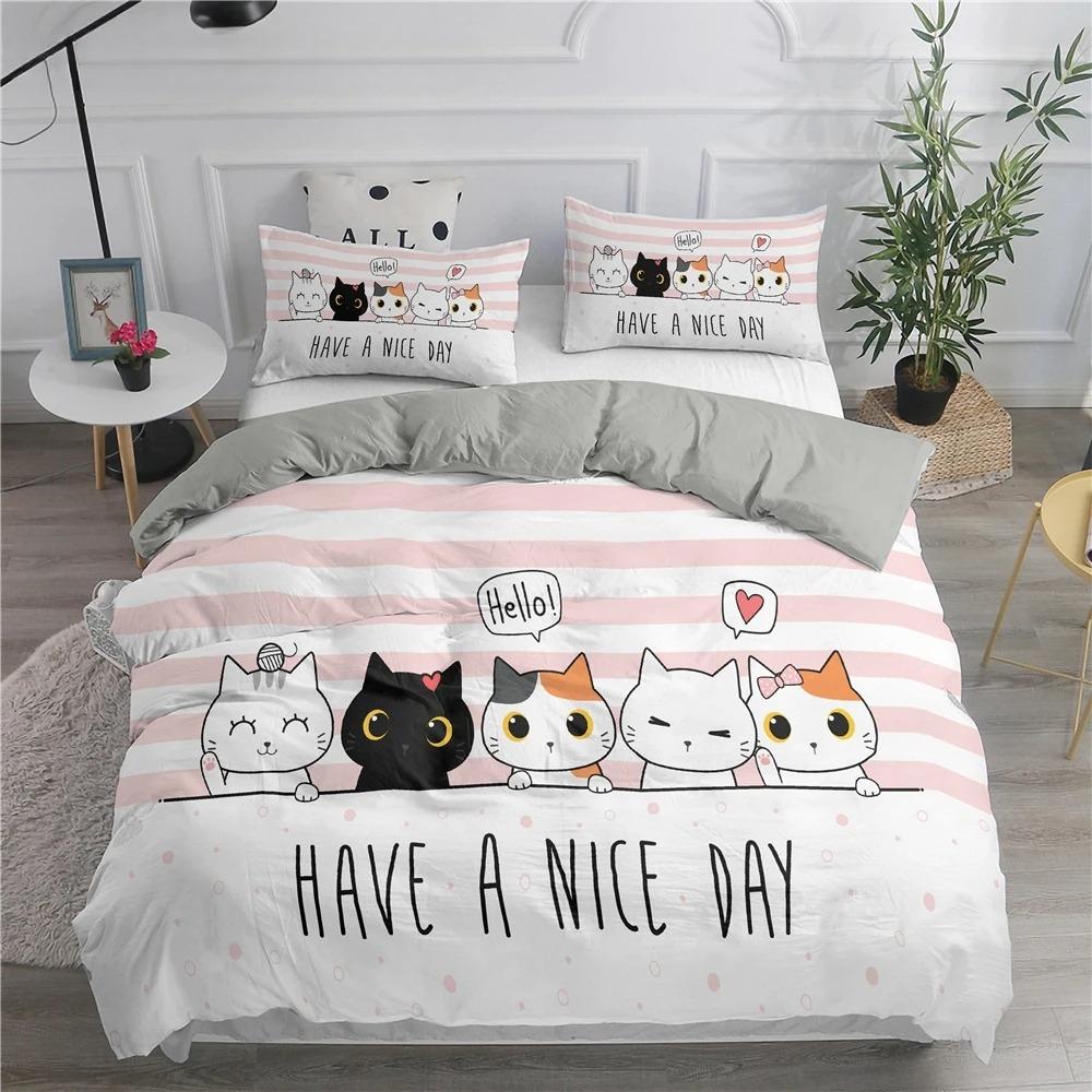Cartoon Bedding Set Cute Cats Printed 3D Duvet Cover Set Twin Full Queen King Double Sizes Pillowcase Bedclothes Soft Polyester