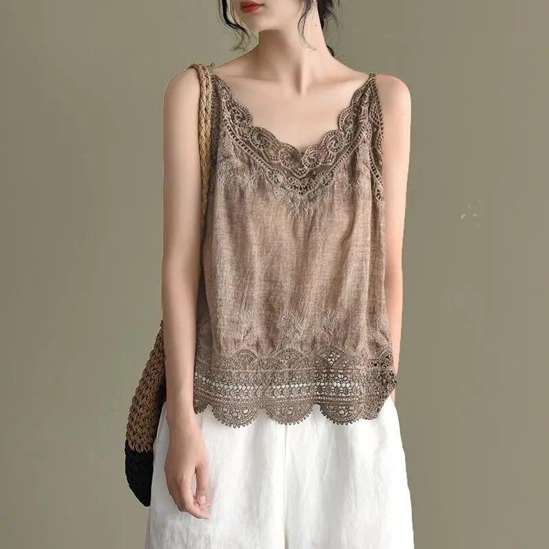 Sommer Retro Baumwolle und Leinen Camisole Künstlerisch Schlicht Dünn Vielseitiges Basic-Shirt Waldspitze Weste für Damen