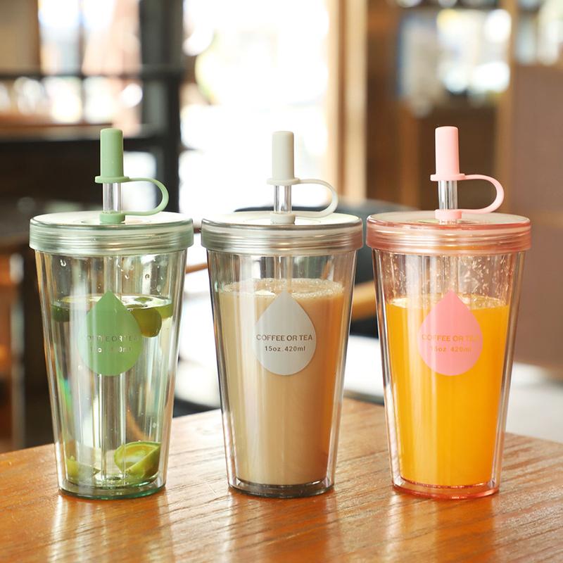 Glitzerbecher Wasserflasche für Mädchen Doppelschichtige Plastik-Trinkgefäße mit Strohhalm Wasserflaschen für Schulbedarf Camping