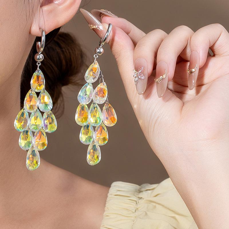 Colorful Crystal Teardrop Tassel Earrings
