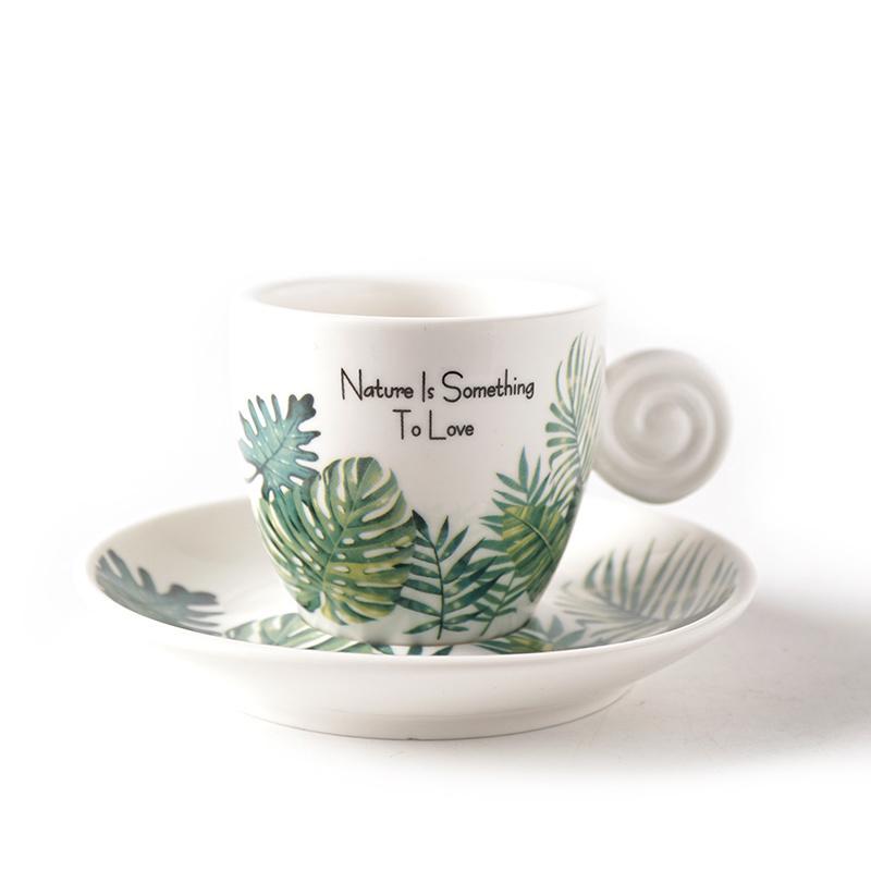 90ml Ceramics Coffee Cup And Saucer Set Nordic Fresh Cafe Drinkware Plant Monstera Office Mug Milk ESPRESSO SHOT Teacup For Girl