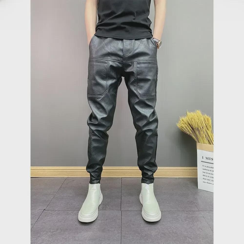 Men's Trendy Elastic PU Leather Pants - Windproof, Waterproof, Six-Pocket Casual Trousers for Autumn/Winter