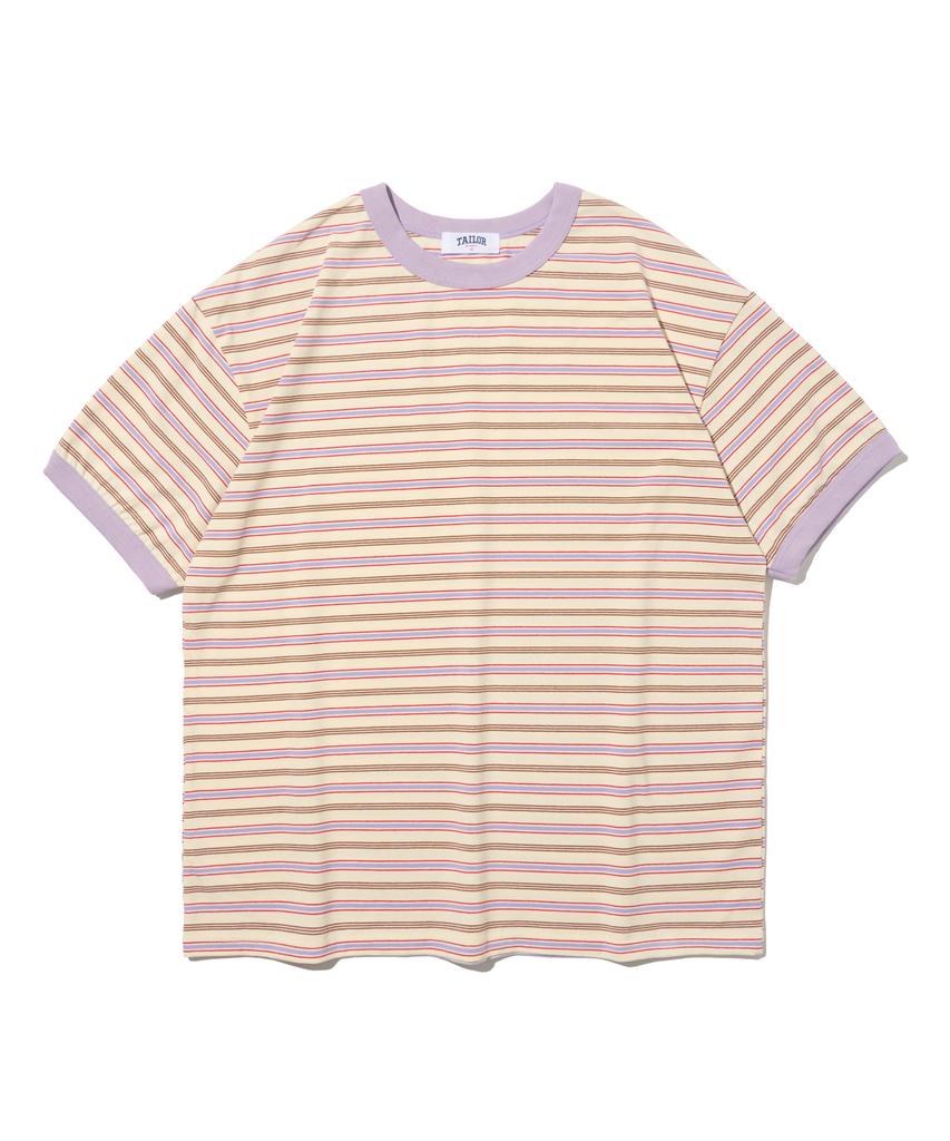 TAILOR STUDIO Soft Campus Striped Short Sleeve Tee (Ivory/Purple)