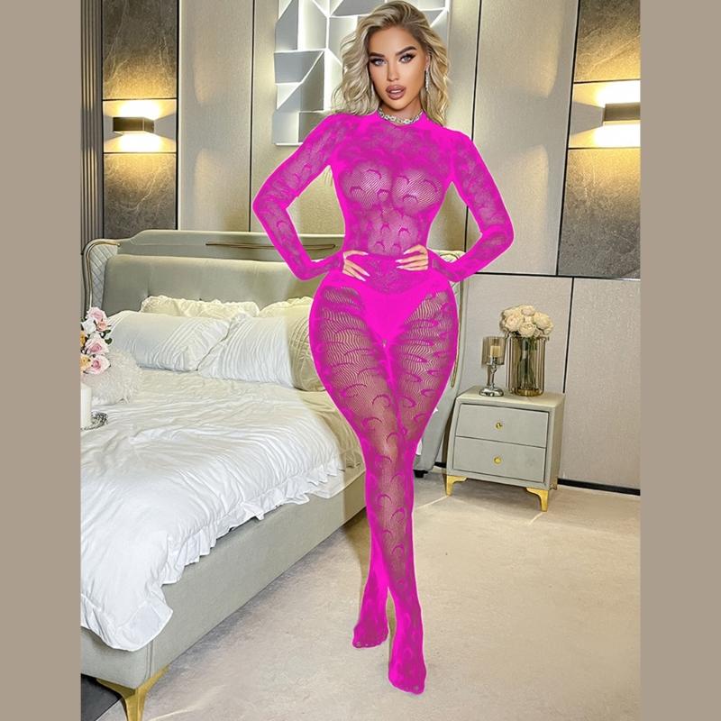 Women Sheer Mesh Bodystocking Moon Patterned Lingerie Long Sleeve See Through Bodysuit Fishnet Jumpsuit Tights