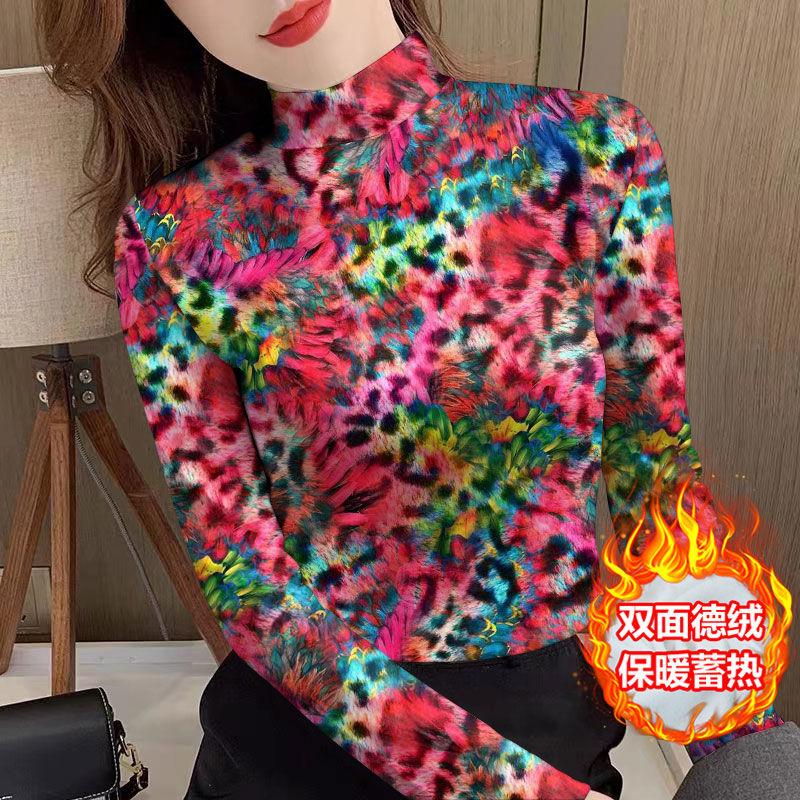 Dámské zimní sametové základní tričko teplé s polovičním rolákem a dlouhým rukávem módní retro tričko s leopardím potiskem