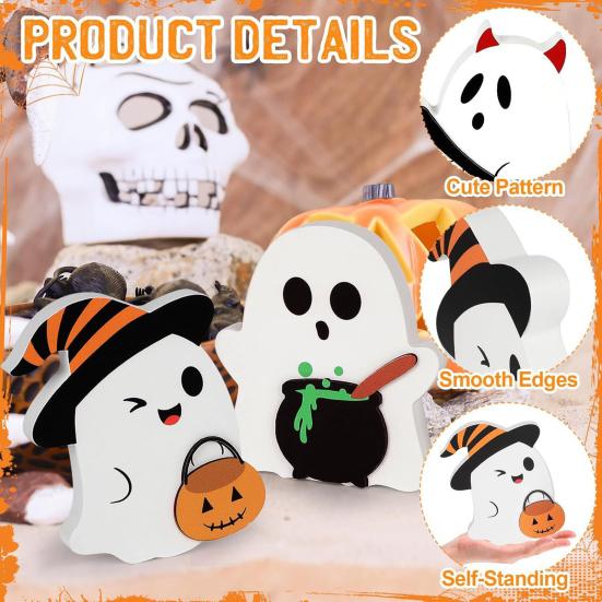 3 Buc Ornament Fantomă de Halloween, Piesă Centrală Fantomă din Lemn, Decor pentru Tavă Etagată pentru Petrecerea de Toamnă de Halloween, Decor Măsuță