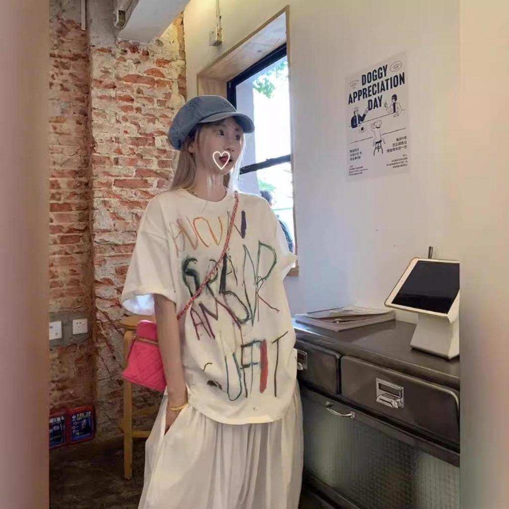 Plus Size Women's Summer Retro Letter Graffiti Short Sleeve Oversized T-Shirt