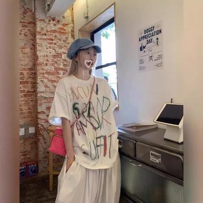Plus Size Women's Summer Retro Letter Graffiti Short Sleeve Oversized T-Shirt