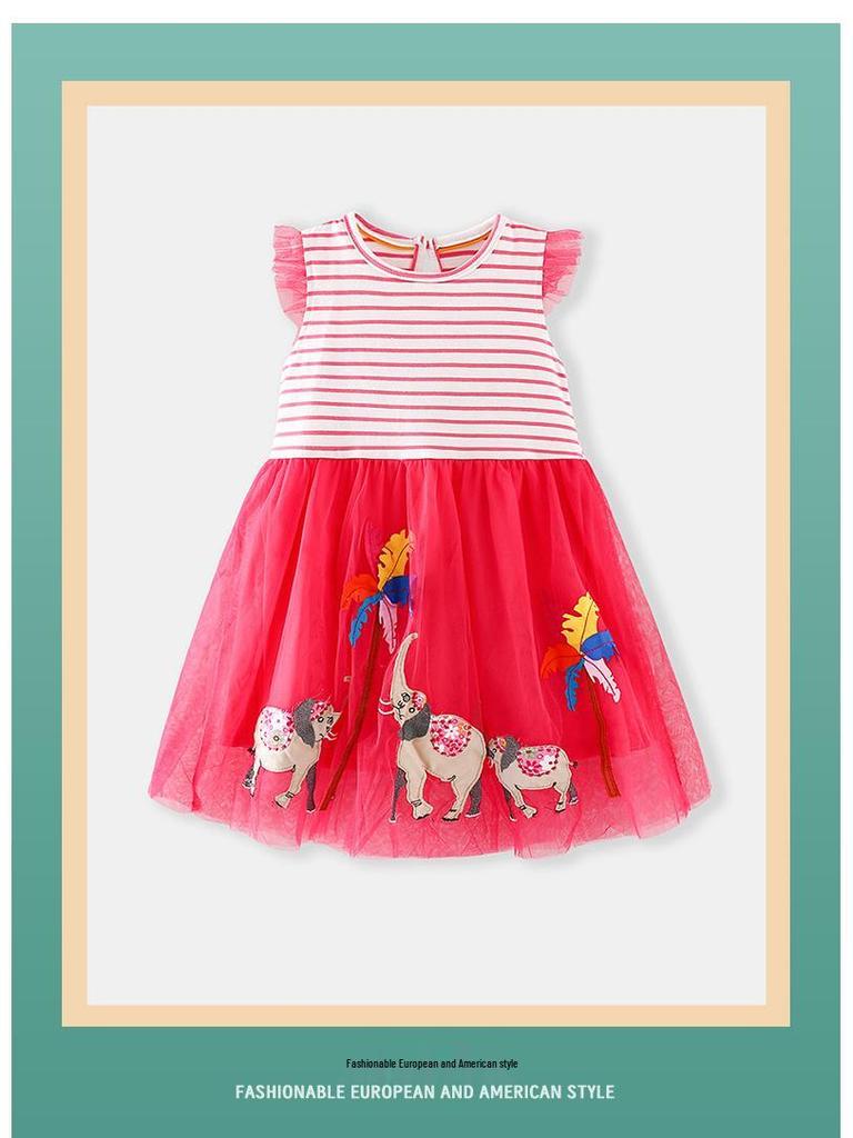 Girls' Cartoon Elephant Embroidered Striped Mesh Dress - Spring/Summer Short Sleeve