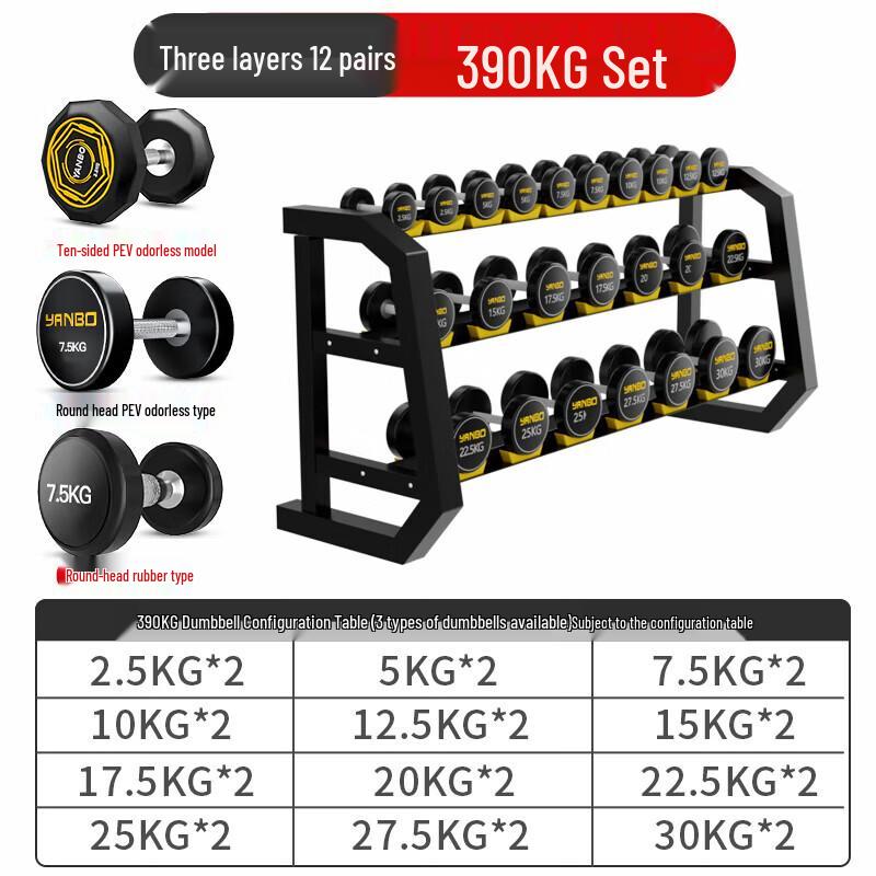 Tieju 390kg Rubber Coated Dumbbell Set with Rack