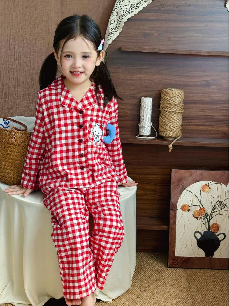Korean Style Plaid Cat Kids Pajama Set for Girls - Spring/Autumn Wear