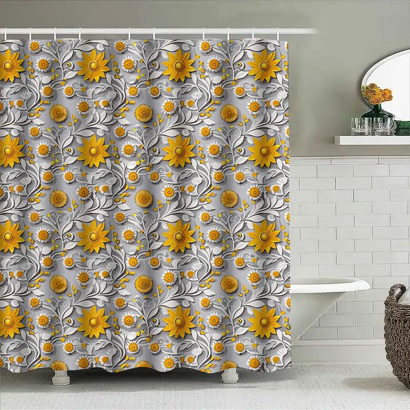Sunflower Shower Curtainfloral Print Bathroom Decor, Waterproof Polyester Fabric For Home Use, Yellow Flowers Design Size Custom
