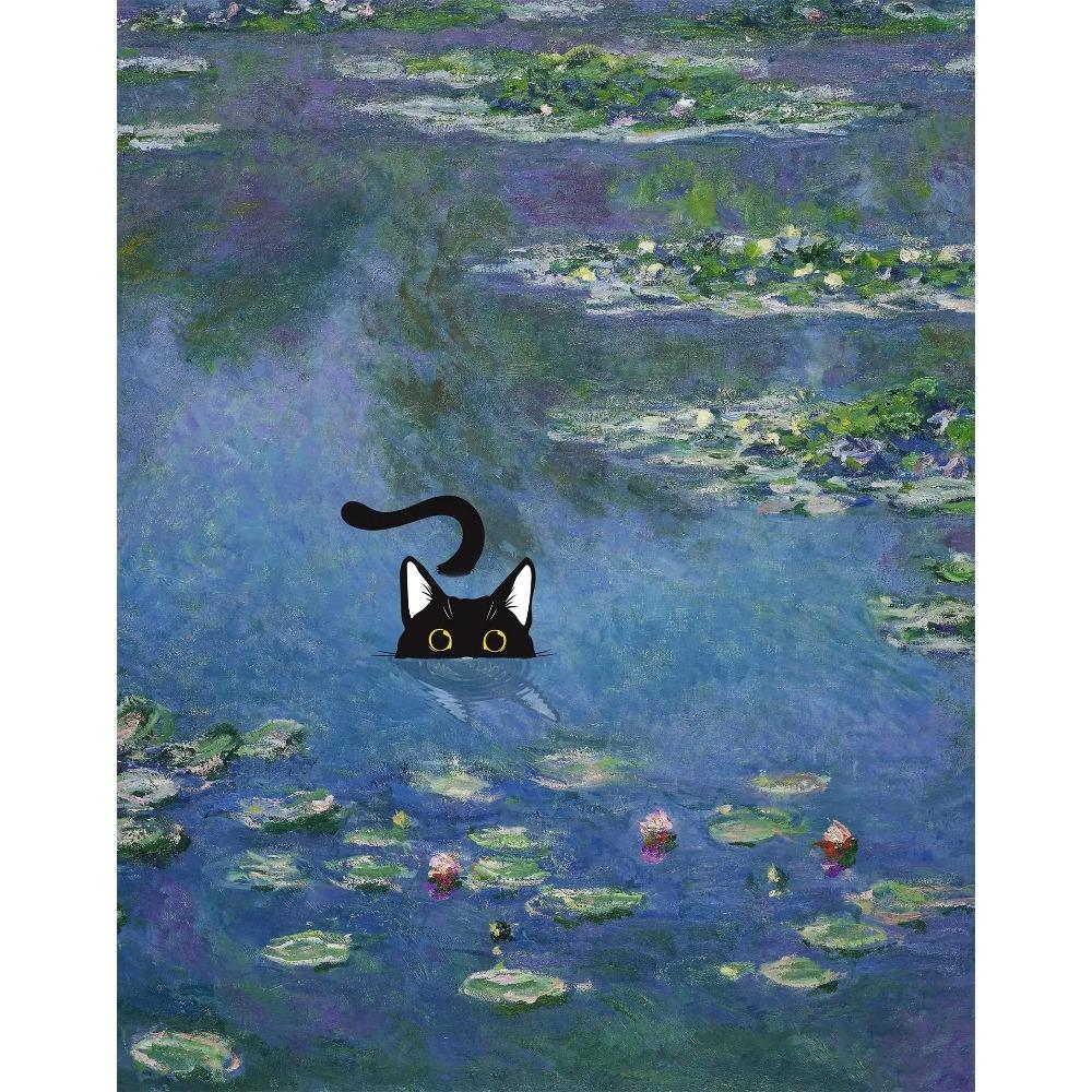 1pc Frameless Claude Monet Artworks Interesting Cute Black Cat Lotus Pond Poster Canvas Paintings for Living Room Home Decor