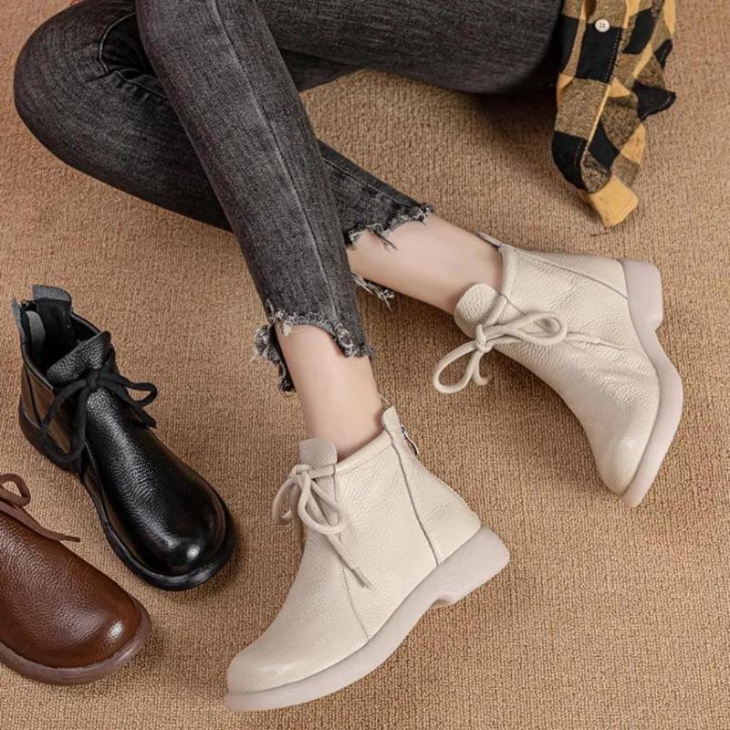 Prawdziwa Skóra Wygodne Płaskie Krótkie Botki Miękka Powierzchnia Miękka Podeszwa Wygodne Wszechstronne Damskie Skórzane Botki Skóra Bydlęca Antypoślizgowe Botki 35-41