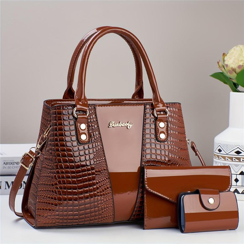 3-teiliges Elegantes PU Handtaschen-Set, Krokodilmuster Große Kapazität Umhängetasche mit Münzfach und Kartenhalter, Geprägte Tragetasche
