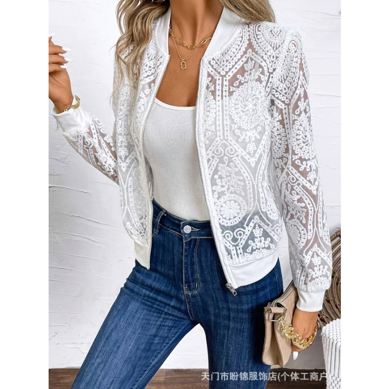 Women S Elegant Solid Lace Long Sleeve Zip Up Mid Length Coat