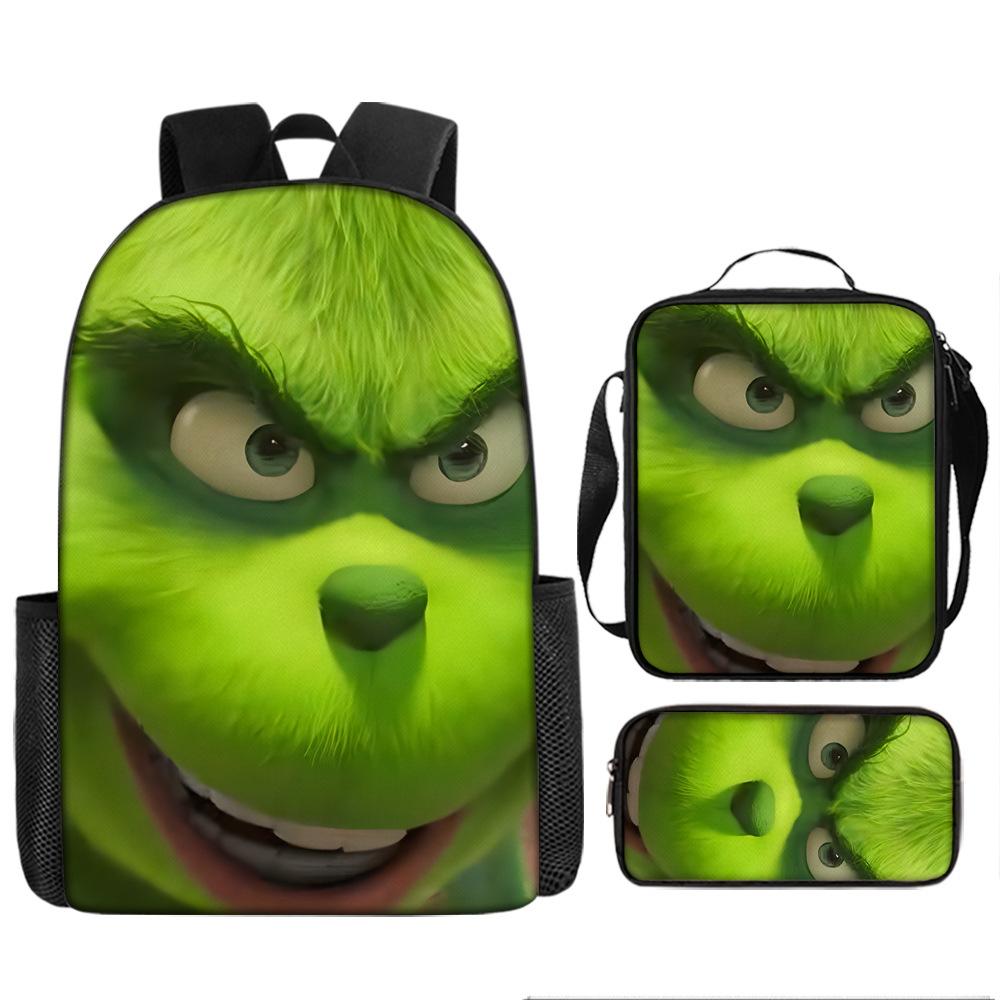 Green Hair Monster Grinch School Bag Campus 12345th and 6th Grade Backpack Lightweight Weight Loss Computer Bag Three-piece Set