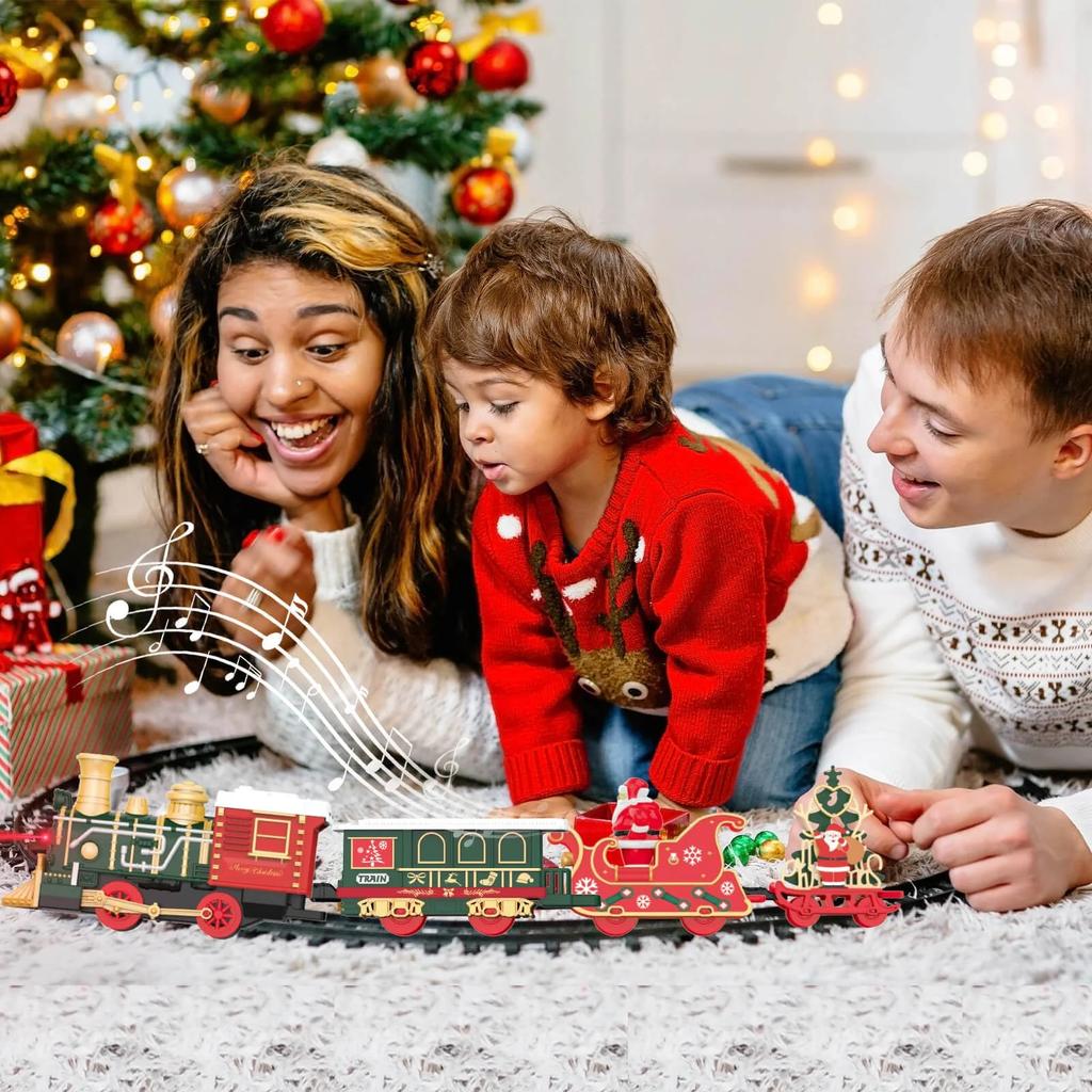 Elektrische Zugstrecke Spielzeugauto Weihnachtsgeschenke Klassische Eisenbahn Lokomotive Waggons Modellspielzeug mit Lichtern Musik für Jungen Mädchen Kinder