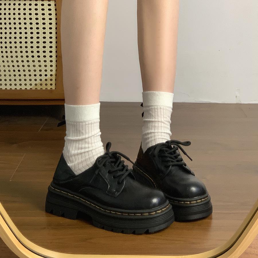 Women's Black Leather Lace-Up Round Toe Loafers - Thick Sole, Height Increasing, British Style (2025 Spring/Autumn/Winter)